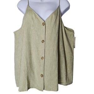 2X Linen Blend Button Tank Soft Olive Green Relaxed Minimalist Capsule Top